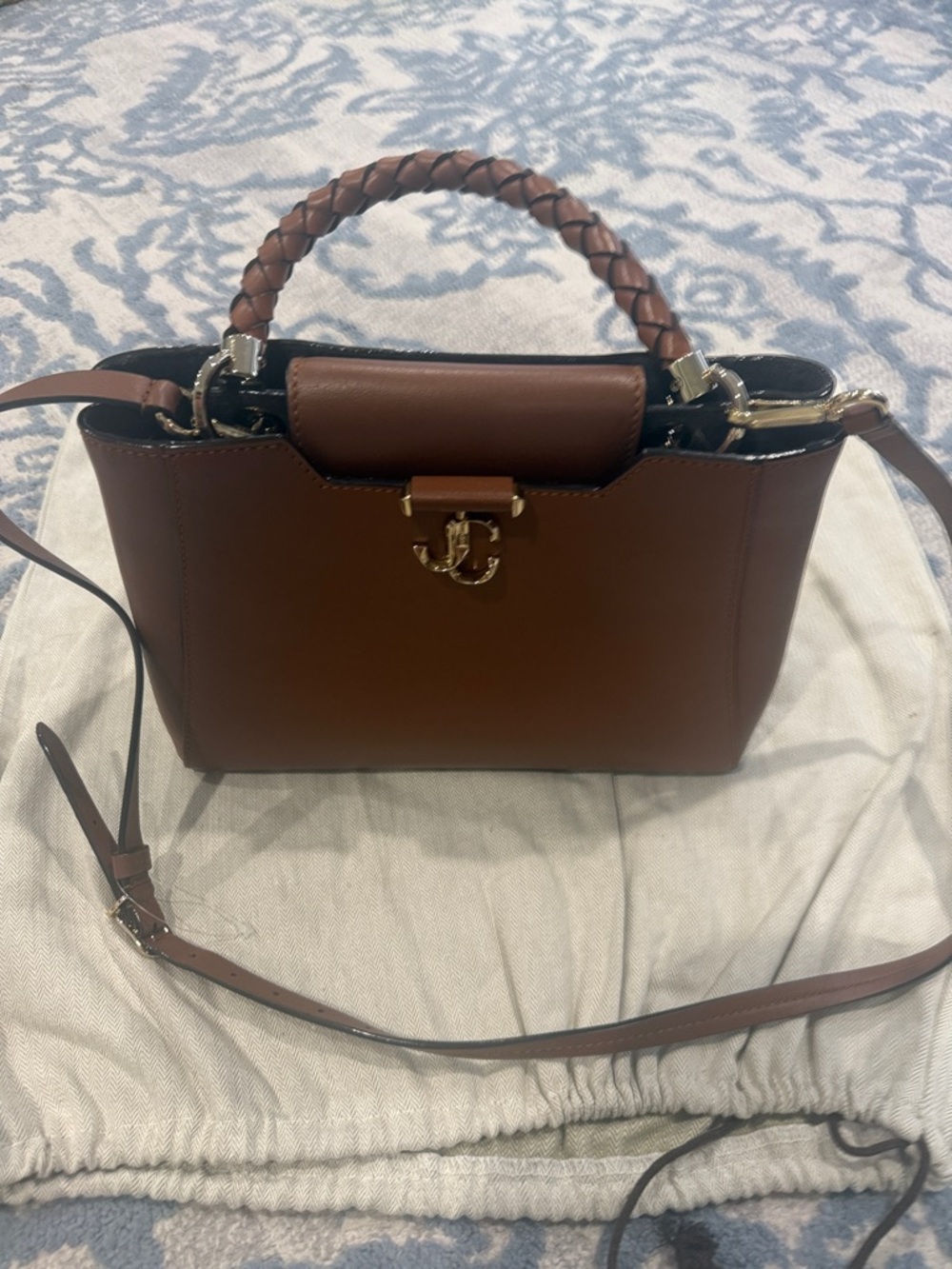 JIMMY CHOO London Brown Leather Top-Handle Satchel with Braided Handle